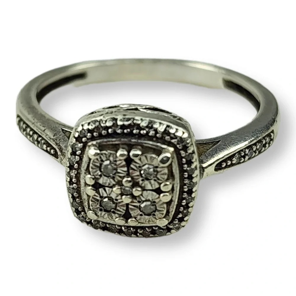 SK Ring Sterling Silver Size 6.5 Silver Square Halo Diamond Engagement Style 925